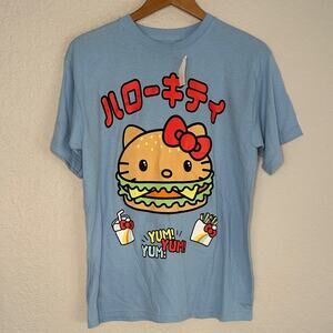 NEW Hello Kitty Burger Blue Graphic T-Shirt Sanrio Yum Size XS Oversized